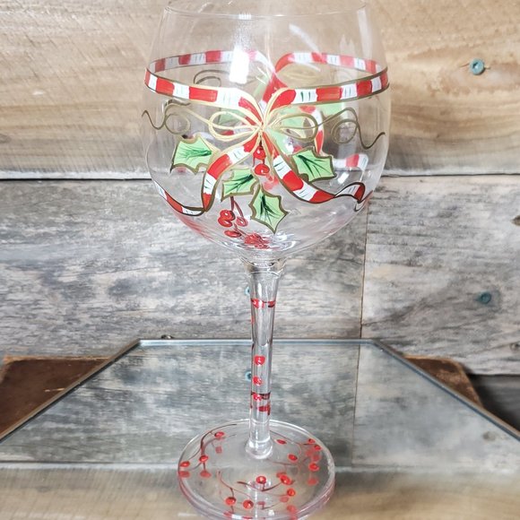 Handpainted Burgundy Wine Glass - Ribbon & Holly - Picture 1 of 6